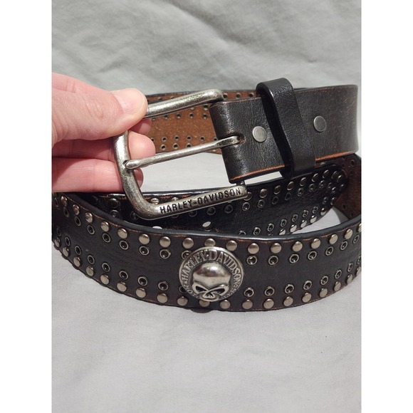 Harley Davidson 2013 Leather Studded Skull‎ Belt 36" Waist Logo Buckle - Picture 2 of 7
